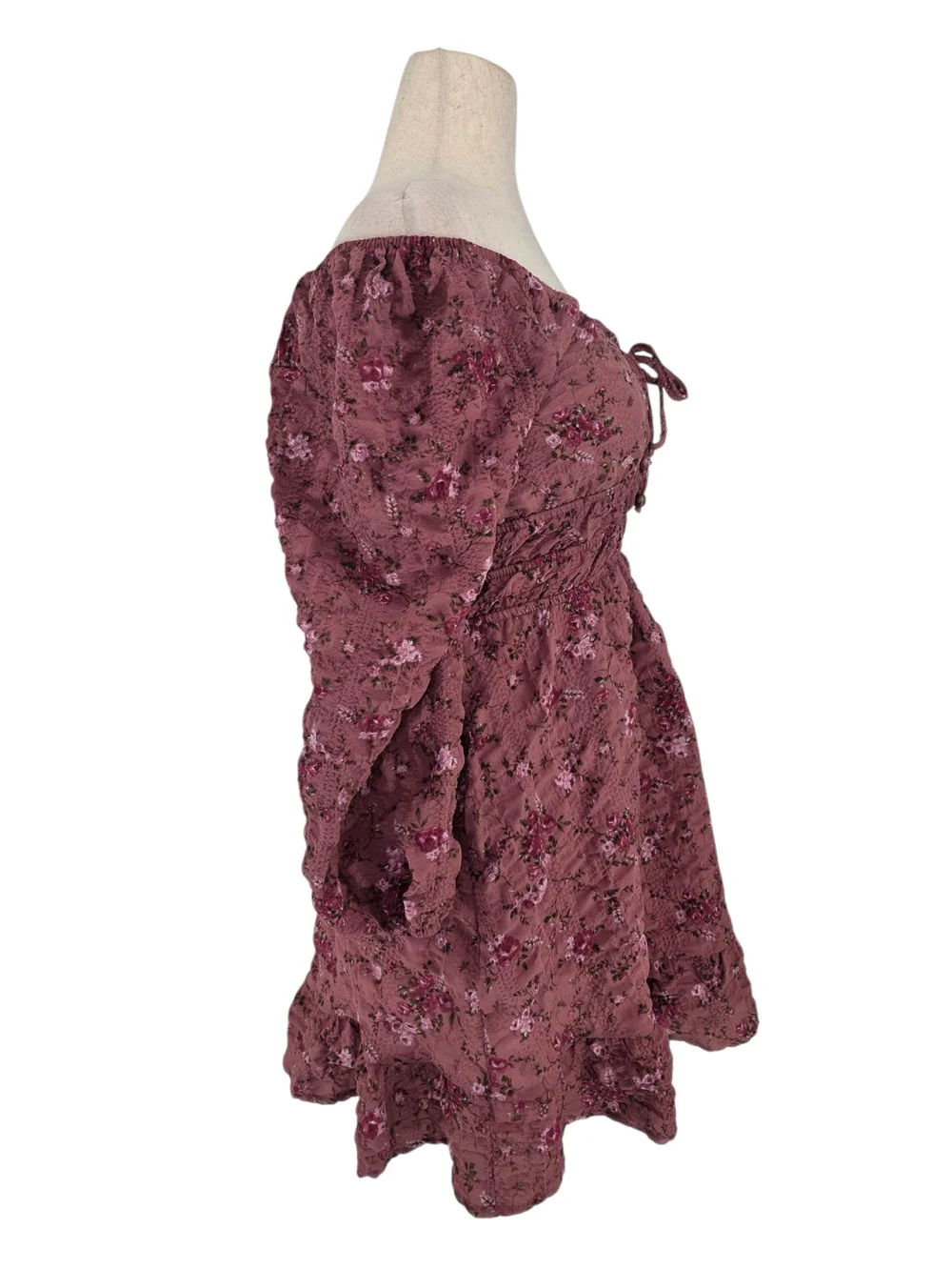 Mary & Mo Floral Off Shoulder Smocked Mini Dress Mauve Pink Boho Medium